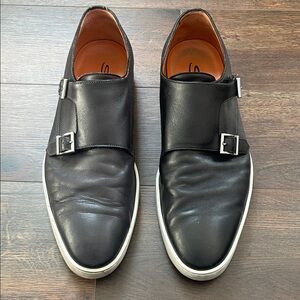 Santoni Black Leather Double Monk Strap Sneakers with White Sole Trim
